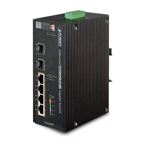 Šakotuvas Planet IP30 6 prievadų gigabitų jungiklis su 4 prievadų 802.3AT POE+ ir 2 prievadų 100/1000X SFP (nuo -40 iki 75 C)