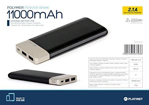 Platinet maitinimo blokas Odinis 11000mAh 2.1A 2xUSB Li-Po, juodas (43793)