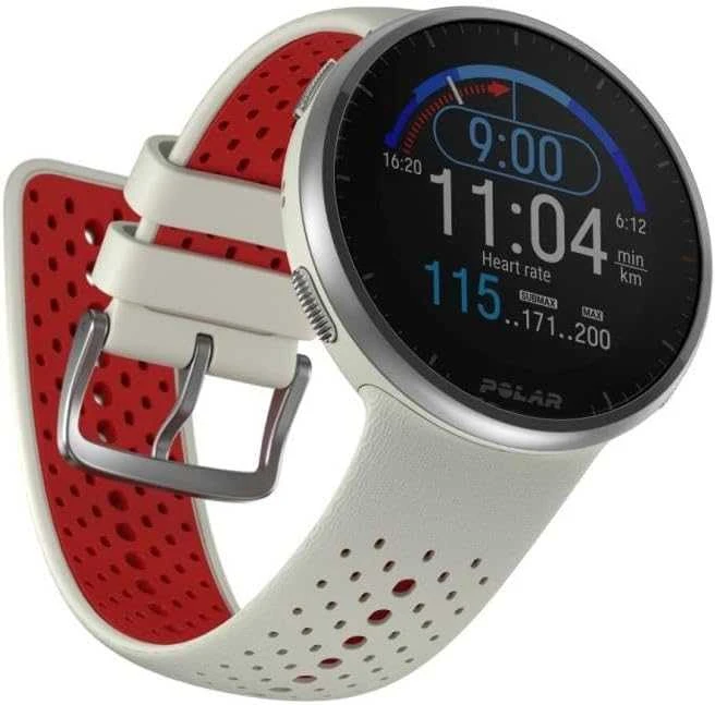 Išmanusis laikrodis Polar Pacer Pro, S/L dydždio, Balta spalvos su baltai raudonu silikoniniu dirželiu