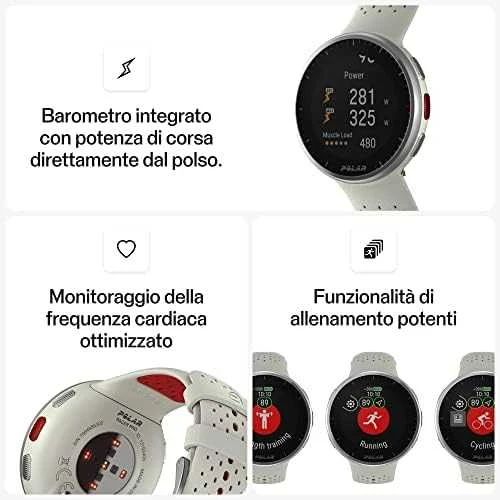 Išmanusis laikrodis Polar Pacer Pro, S/L dydždio, Balta spalvos su baltai raudonu silikoniniu dirželiu