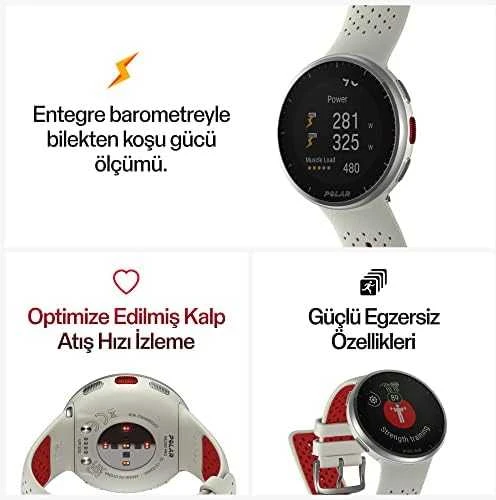 Išmanusis laikrodis Polar Pacer Pro, S/L dydždio, Balta spalvos su baltai raudonu silikoniniu dirželiu
