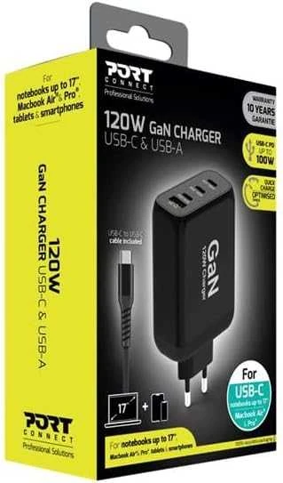 Port Designs 120W GaN įkroviklis pakuotėje