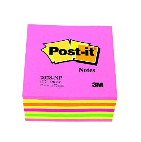 3M Lipnūs lapeliai Post-it Ledinukai kubas, 76 x 76 mm, 450 laplių, neoninių rausvų spalvų derinys