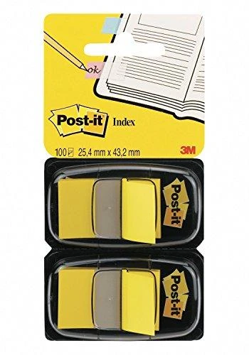 Geltoni Post-it indeksavimo skirtukai pakuotėje
