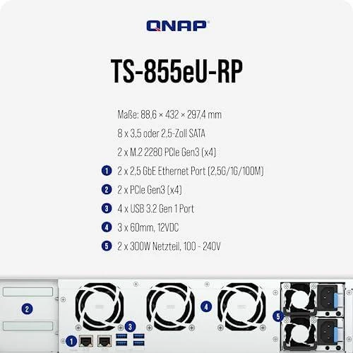 Serveris QNAP | 8-bay Short-Gylis Rackmount NAS | TS-855eU-8G | Intel Atom | C5125 8 branduolių | Procesoriaus dažnis 2,8 GHz | 8 GB