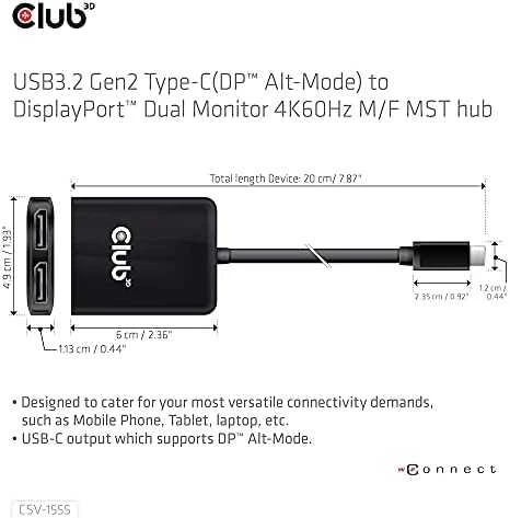 Club 3D adapterio techninis brėžinys su matmenimis