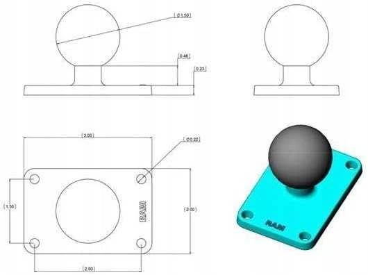 „Ram Mounts“ RAM pagrindas 2" x 3" su 1" rutuliuku
