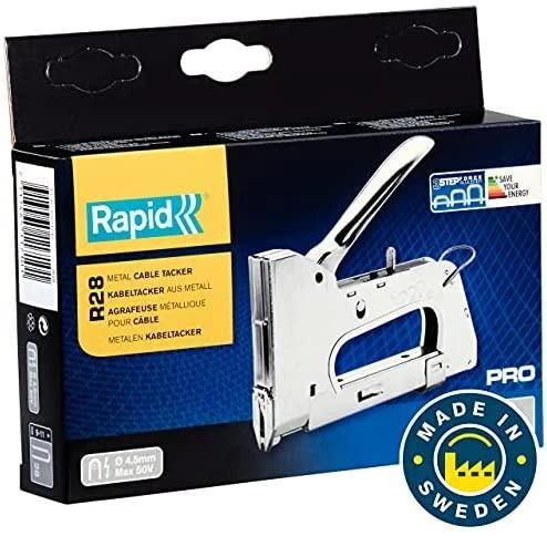 Rapid Profesionalus kabiamušis R28E. 28 tipo kabėms 9-11mm. Naudojamas žemos įtampos kabeliams iki 50V iki 4,5mm skersmens tvirtinti.