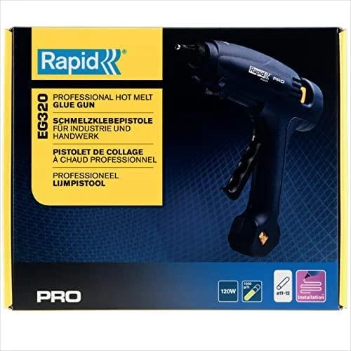 Rapid EG320 Industrinis klijų pistoletas intensyviam darbui. 120W. Klijų pralaidumas iki 1,0kg/val. Greitas klijų įkaitinimas (mažiau nei 5 min.) Naudoja 12mm skersmens klijų lazdeles.
