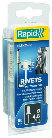 Kniedės aukštos kokybės Al 4,8x25mm 50vnt + Drill C, Rapid