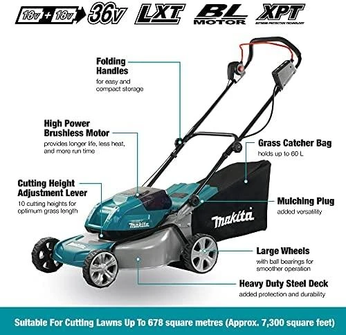 Makita akumuliatorinė vejapjovė DLM460Z 2x18 V, 46 cm, 3 viename (pjovimas / surinkimas / mulčiavimas), plieno korpusas, be akumuliatoriaus ir kroviklio