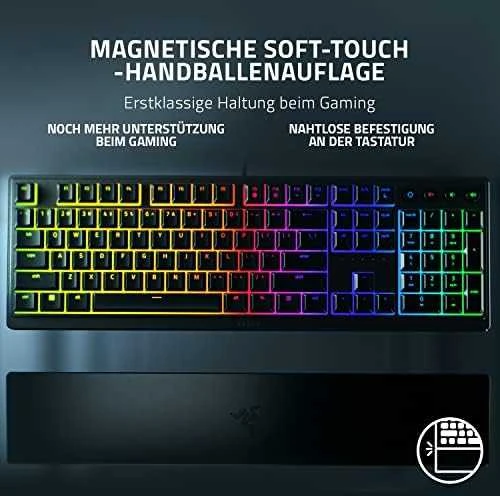 Klaviatūra „Razer Ornata V3“, mechamembraniniai jungikliai, 10 „Razer Chroma RGB“ apšvietimo zonų, 1000 Hz „Ultrapolling“, apšviesti klavišai, minkštas riešo atramos paviršius – vokiškas išdėstymas