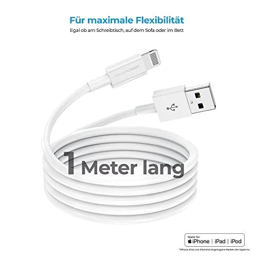 Kabelis USB Realpower USB-A - Lightning 1 m Baltas (255649)