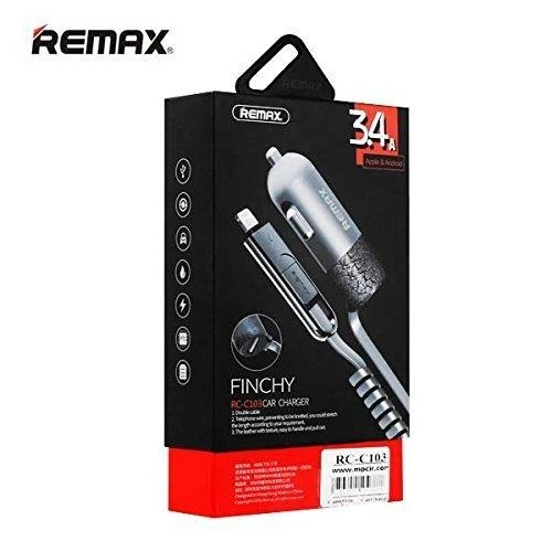 REMAX automobilinis įkroviklis RCC-103 Finchy – USB – 3,4A su „Lightning“ + „MicroUSB“ laidu, sidabrinis