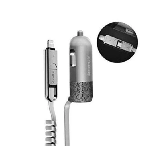 REMAX automobilinis įkroviklis RCC-103 Finchy – USB – 3,4A su „Lightning“ + „MicroUSB“ laidu, sidabrinis