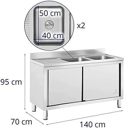 Royal Catering Dviejų indų maitinimo baseino kriauklė su spintele su stumdomomis durimis 140 x 70 x 95 cm
