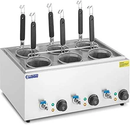 Royal Catering Makaronų virimo aparatas, makaronų viryklė su čiaupais, 6 krepšeliai, 3 x 6,5 l, 3000 W