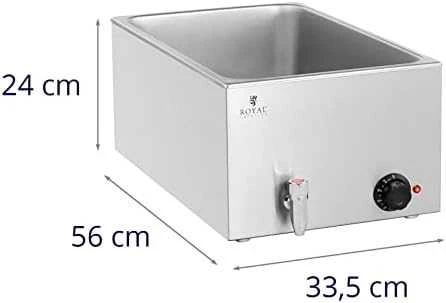 Bain-marie šildytuvas su čiaupu ir matmenų schema