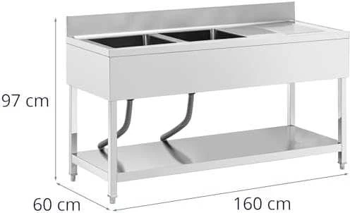 Royal Catering Dviejų dubenių baseino kriauklė su kanalizacija, lentyna ir kraštu 160 x 60 x 97 cm