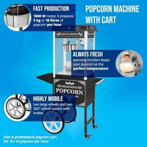 Royal Catering Profesionalus, efektyvus mobilus spragėsių aparatas ant vežimėlio 230V 1,6kW juodas