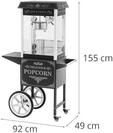 Royal Catering Profesionali kukurūzų spragėsių mašina ant vežimėlio su RETRO apšvietimu, 88 l, 1600 W, juoda