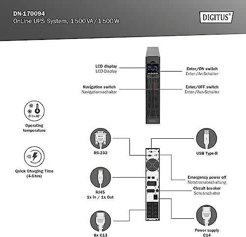 DIGITUS OnLine UPS, stovas/bokštas, 1500VA, 1500W, LCD, 8 x C13, 1 x C19, RS-232, USB, RJ45, SNMP kortelė (pasirinktinai), relės plokštė (pasirinktinai) | Skaitmenas | Internetinis UPS | OnLine UPS modulis, 1500VA/1500W | 1500 VA | 1500 W