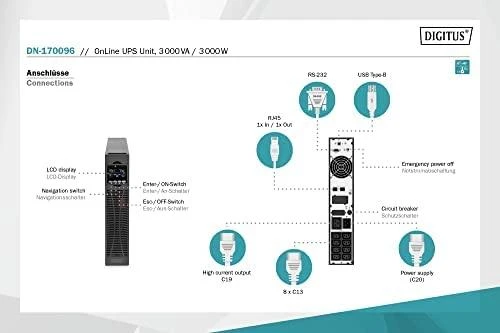 DIGITUS OnLine UPS, stelažas/bokštas, 3000VA, 3000W, LCD, 8 x C13, 1 x C19, RS-232, USB, SNMP kortelė (pasirinktinai), relės kortelė (pasirinktinai) | Skaitmenas | Internetinis UPS | DN-170096, 3000 VA / 3000 W | 3000 VA | 3000 W | C20