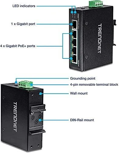 Šakotuvas Trendnet 5-PORT INDUSTRIAL GIGABIT POE+ - DIN-RAIL SWITCH