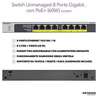Šakotuvas Netgear GS108LP Ne-valdomas Gigabit Ethernet (10/100/1000) Juoda, Pilka 1U Maitinimas per Eternetą (PoE)