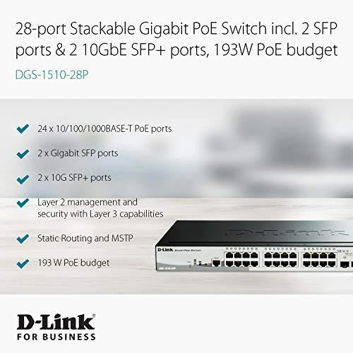 Šakotuvas D-LINK 28 prievadų išmanusis valdomas PoE Gigabit Stack jungiklis