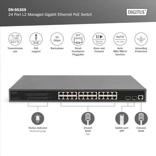 Šakotuvas „Digitus“ jungiklis „Digitus“ 24 prievadų valdomas Gigabit Ethernet PoE L2 jungiklis