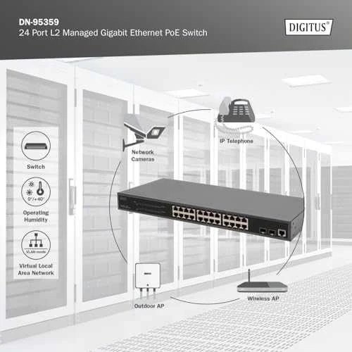 Šakotuvas „Digitus“ jungiklis „Digitus“ 24 prievadų valdomas Gigabit Ethernet PoE L2 jungiklis
