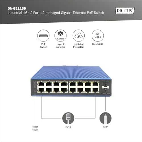 Šakotuvas „Digitus Industrieller“ 16+2 prievadų valdomas L2 gigabito Ethernet PoE komutatorius