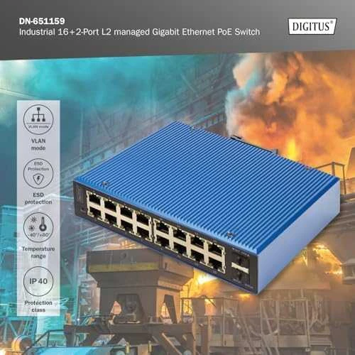 Šakotuvas „Digitus Industrieller“ 16+2 prievadų valdomas L2 gigabito Ethernet PoE komutatorius