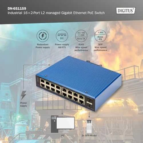 Šakotuvas „Digitus Industrieller“ 16+2 prievadų valdomas L2 gigabito Ethernet PoE komutatorius