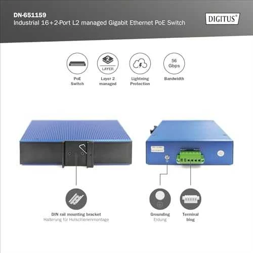 Šakotuvas „Digitus Industrieller“ 16+2 prievadų valdomas L2 gigabito Ethernet PoE komutatorius