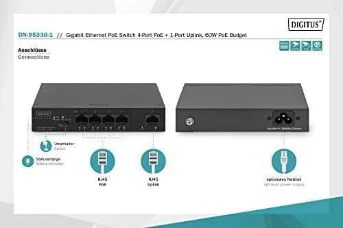 Šakotuvas Digitus Skaitmenas | 4 prievadų Gigabit PoE jungiklis | DN-95330-1 | Nevaldomas | Darbalaukis