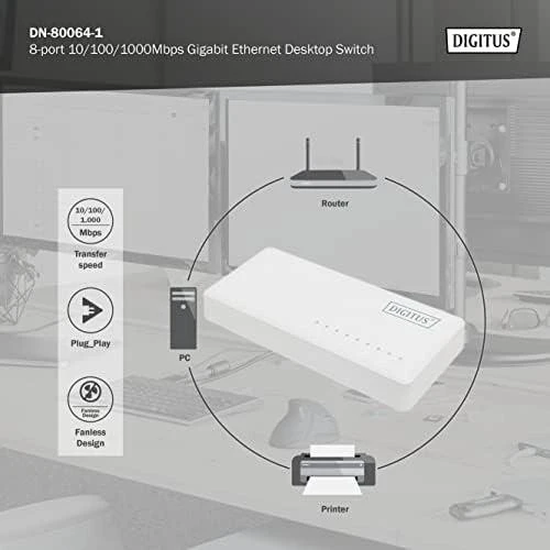 Šakotuvas Digitus Skaitmenas | 8 prievadų Gigabit Ethernet jungiklis | DN-80064-1 | Nevaldomas | Darbalaukis