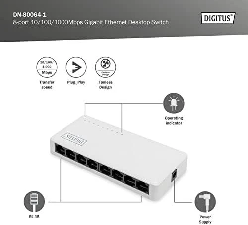Šakotuvas Digitus Skaitmenas | 8 prievadų Gigabit Ethernet jungiklis | DN-80064-1 | Nevaldomas | Darbalaukis