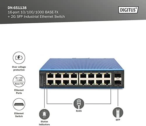 Šakotuvas Digitus INDUSTRIAL 16+2P 1G SWITCH - UNMANAGED 10/100/1000 MBITS