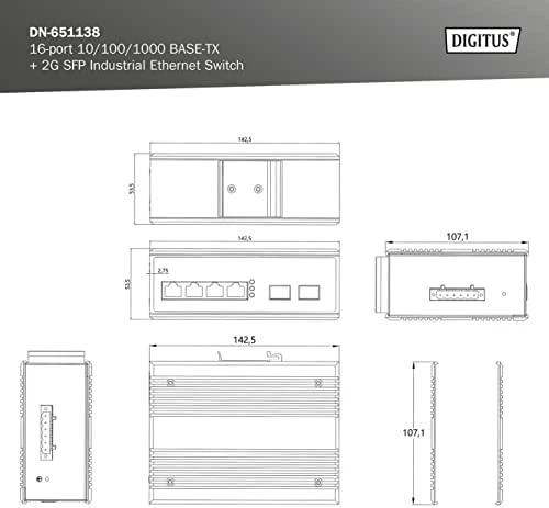 Šakotuvas Digitus INDUSTRIAL 16+2P 1G SWITCH - UNMANAGED 10/100/1000 MBITS