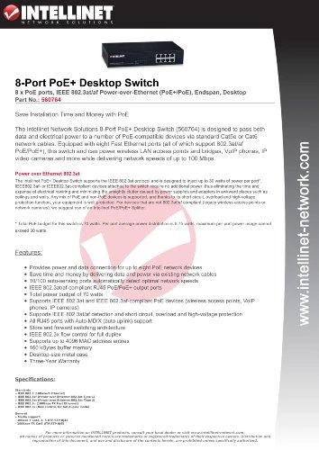 Šakotuvas Intellinet 560764 Komutatorius PoE/PoE+ 8x RJ45 10/100Mbps, ENDSPAN, metalinis korpusas