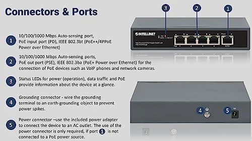 Šakotuvas Intracom INTELLINET PoE maitinamas 5 prievadų gigabitų jungiklis su PoE perėjimu Vienas PoE++/4PPoE PD PoE prievadas su 95 W Keturi PSE PoE jungtys iki 65 W