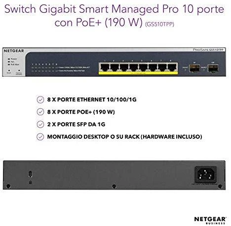 Šakotuvas Netgear Switch GS510TPP žiniatinklio valdymas, montuojamas ant stovo, 1 Gbps (RJ-45) jungčių kiekis 8, SFP jungčių kiekis 2, PoE+ jungčių kiekis 8, maitinimo tipas vienas