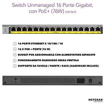 Šakotuvas Netgear GS116LP Ne-valdomas Gigabit Ethernet (10/100/1000) Juoda Maitinimas per Eternetą (PoE)