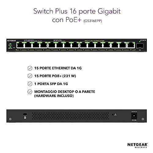 Šakotuvas NETGEAR 16PT GE Plus komutatorius su didelio galingumo POE+