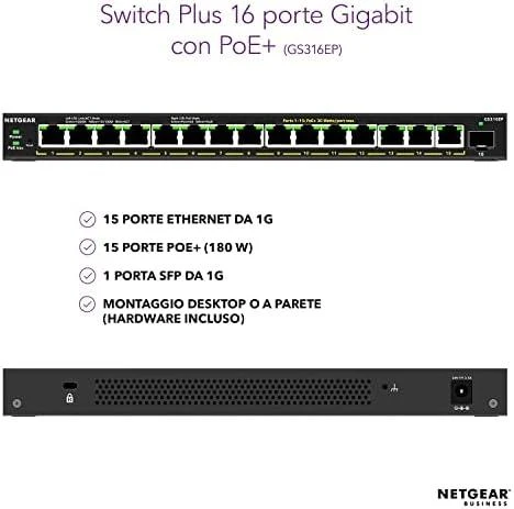 Netgear GS316P Ne-valdomas Gigabit Ethernet (10/100/1000) Juoda Maitinimas per Eternetą (PoE)