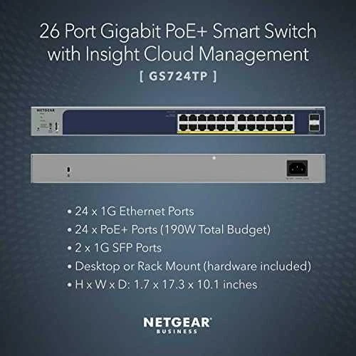 Šakotuvas NETGEAR 24 prievadų GE PoE+ Smart Managed Pro Switch GS724TP