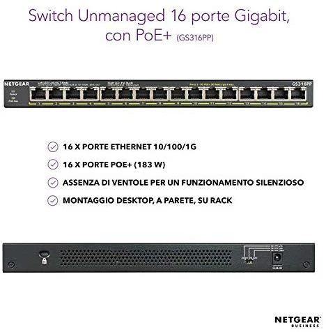 Šakotuvas Netgear GS316PP Ne-valdomas Gigabit Ethernet (10/100/1000) Juoda Maitinimas per Eternetą (PoE)