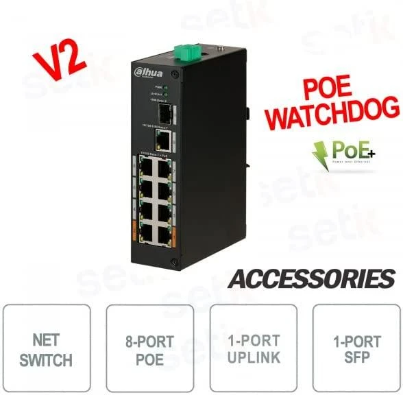 Šakotuvas PRAMONINIS SWITCH'AS POE PFS3110-8ET-96-V2 8 PRIEVADŲ SFP DAHUA